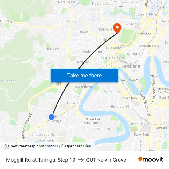 Moggill Rd at Taringa, Stop 19 to QUT Kelvin Grove map