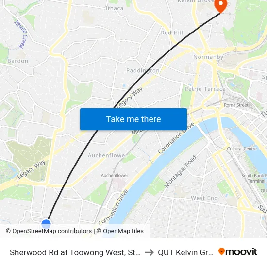 Sherwood Rd at Toowong West, Stop 22 to QUT Kelvin Grove map