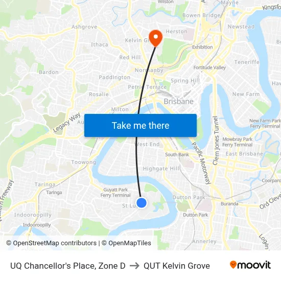 UQ Chancellor's Place, Zone D to QUT Kelvin Grove map