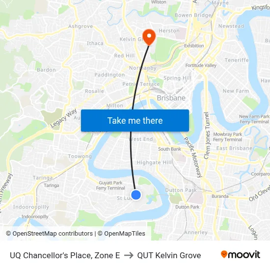 UQ Chancellor's Place, Zone E to QUT Kelvin Grove map