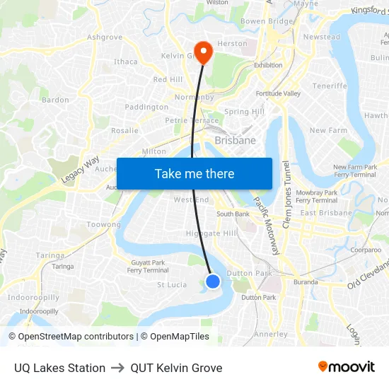 UQ Lakes Station to QUT Kelvin Grove map