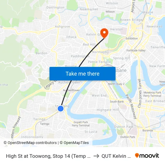 High St at Toowong, Stop 14 (Temp Relocation) to QUT Kelvin Grove map