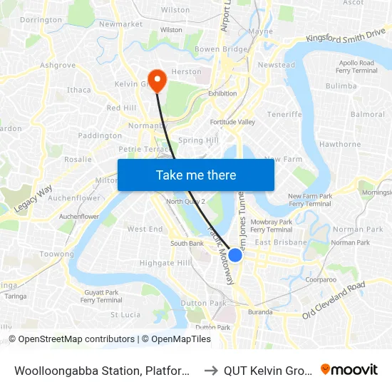 Woolloongabba Station, Platform 1 to QUT Kelvin Grove map