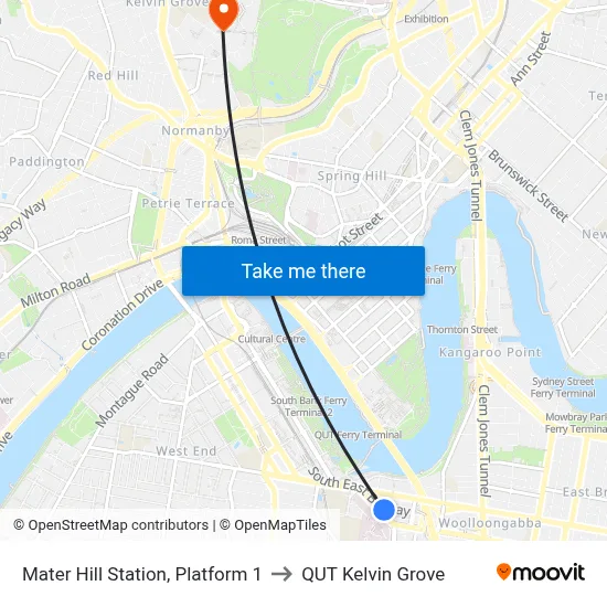 Mater Hill Station, Platform 1 to QUT Kelvin Grove map