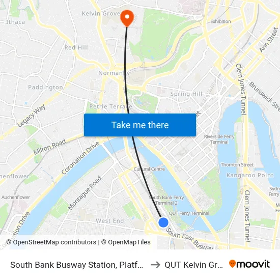 South Bank Busway Station, Platform 1 to QUT Kelvin Grove map