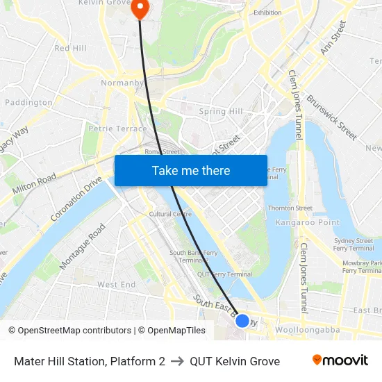 Mater Hill Station, Platform 2 to QUT Kelvin Grove map