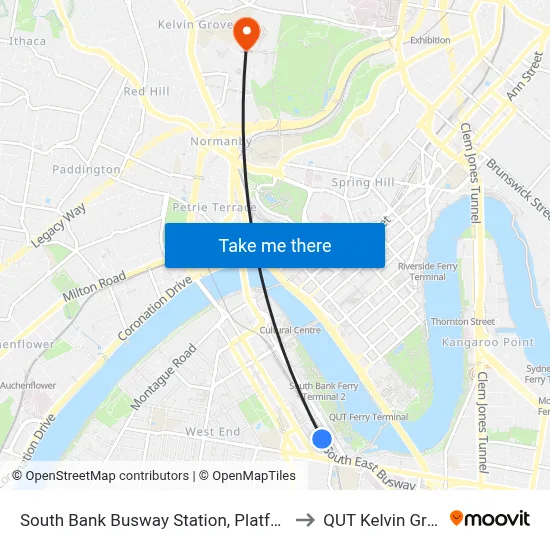 South Bank Busway Station, Platform 2 to QUT Kelvin Grove map