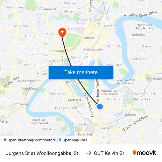 Jurgens St at Woolloongabba, Stop E to QUT Kelvin Grove map