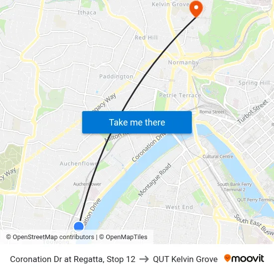 Coronation Dr at Regatta, Stop 12 to QUT Kelvin Grove map