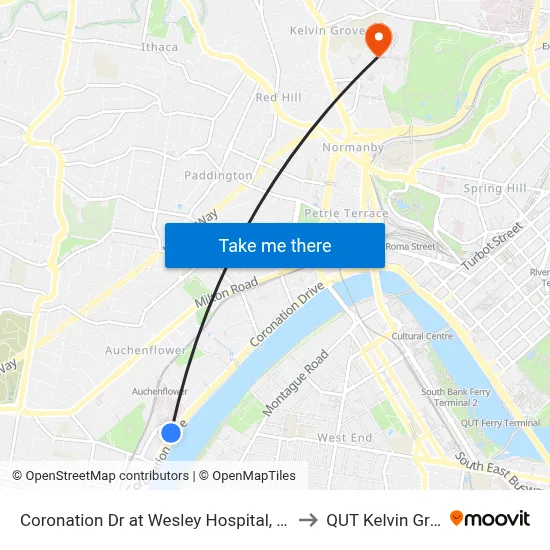 Coronation Dr at Wesley Hospital, Stop 9 to QUT Kelvin Grove map