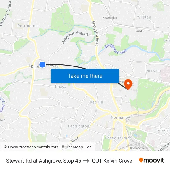 Stewart Rd at Ashgrove, Stop 46 to QUT Kelvin Grove map