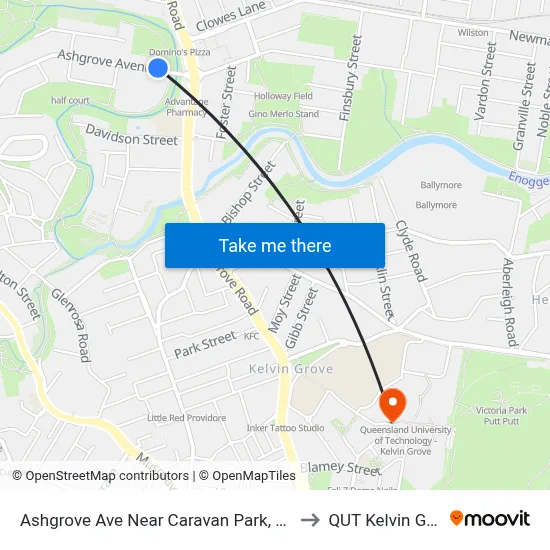 Ashgrove Ave Near Caravan Park, Stop 20 to QUT Kelvin Grove map