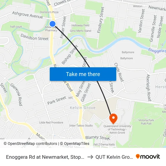 Enoggera Rd at Newmarket, Stop 20 to QUT Kelvin Grove map