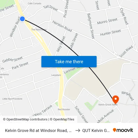 Kelvin Grove Rd at Windsor Road, Stop 16 to QUT Kelvin Grove map