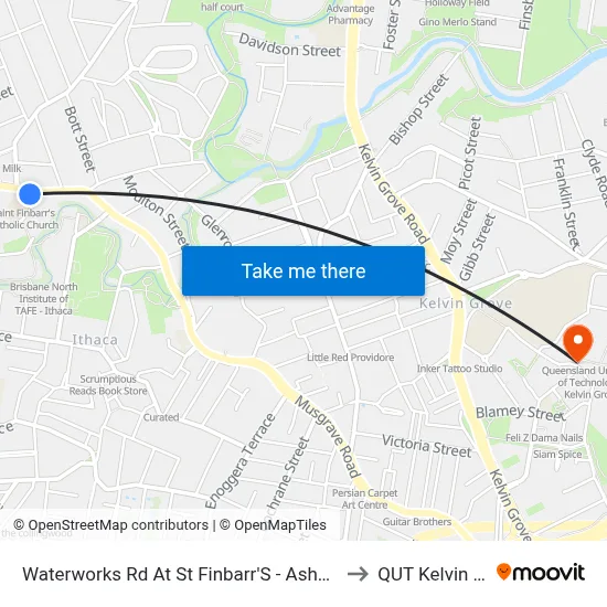 Waterworks Rd At St Finbarr'S - Ashgrove, Stop 16 to QUT Kelvin Grove map