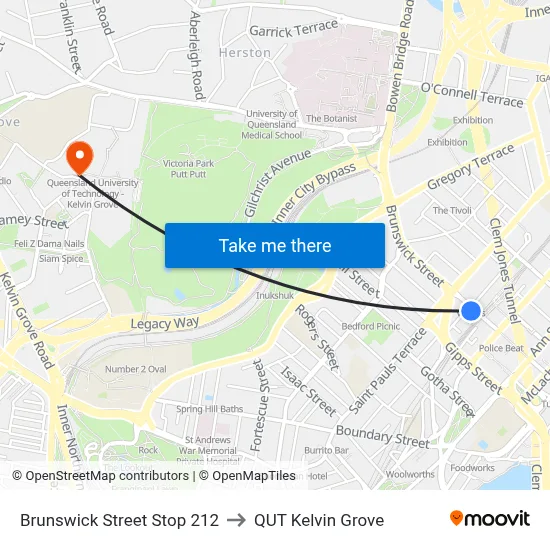 Brunswick Street Stop 212 to QUT Kelvin Grove map