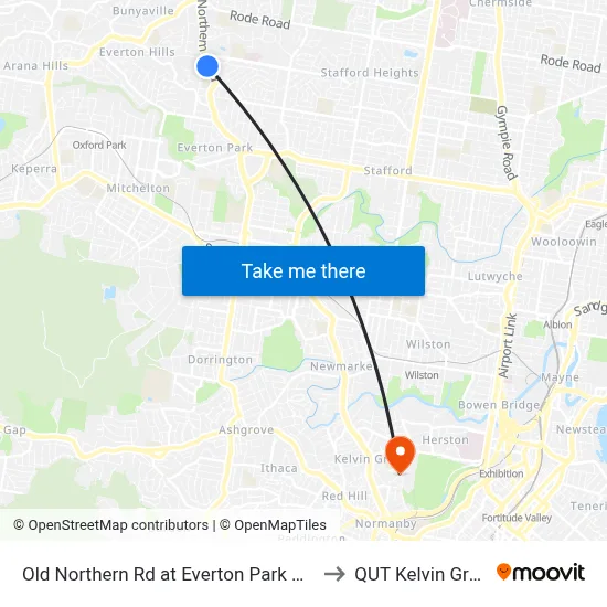 Old Northern Rd at Everton Park North to QUT Kelvin Grove map