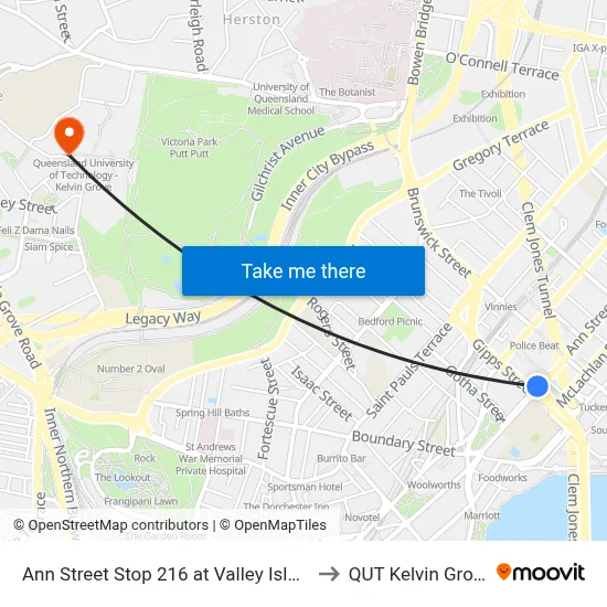 Ann Street Stop 216 at Valley Island to QUT Kelvin Grove map