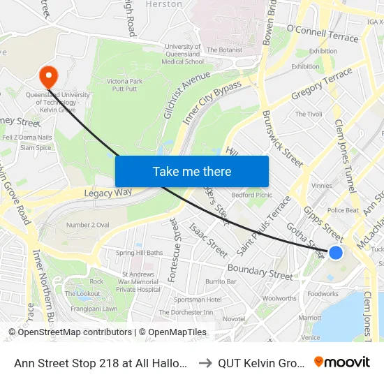 Ann Street Stop 218 at All Hallows to QUT Kelvin Grove map