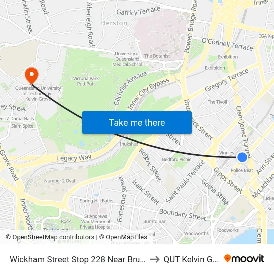 Wickham Street Stop 228 Near Brunswick to QUT Kelvin Grove map