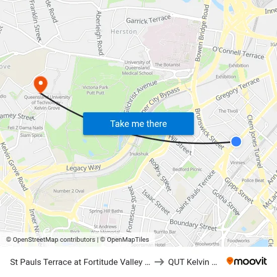 St Pauls Terrace at Fortitude Valley Stop 232 to QUT Kelvin Grove map