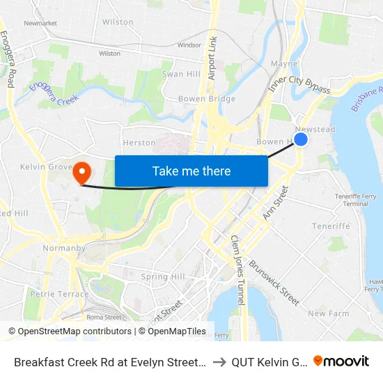 Breakfast Creek Rd at Evelyn Street, Stop 10 to QUT Kelvin Grove map