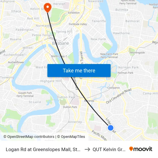Logan Rd at Greenslopes Mall, Stop 24 to QUT Kelvin Grove map