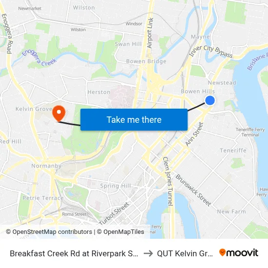 Breakfast Creek Rd at Riverpark Stop 9 to QUT Kelvin Grove map