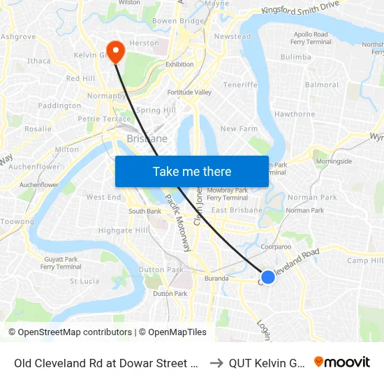 Old Cleveland Rd at Dowar Street Stop 20 to QUT Kelvin Grove map