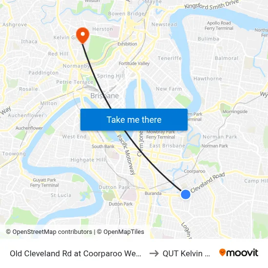 Old Cleveland Rd at Coorparoo West Stop 19 to QUT Kelvin Grove map