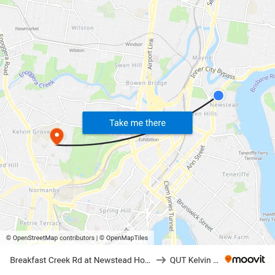 Breakfast Creek Rd at Newstead House, Stop 12 to QUT Kelvin Grove map