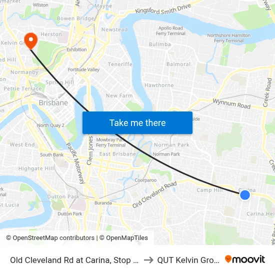Old Cleveland Rd at Carina, Stop 35 to QUT Kelvin Grove map