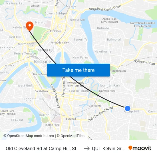 Old Cleveland Rd at Camp Hill, Stop 30 to QUT Kelvin Grove map