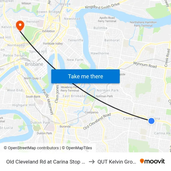 Old Cleveland Rd at Carina Stop 35 to QUT Kelvin Grove map