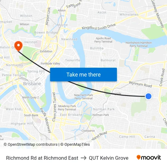 Richmond Rd at Richmond East to QUT Kelvin Grove map