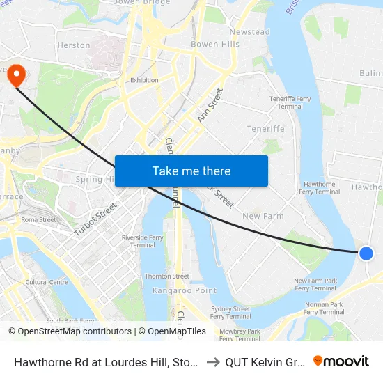 Hawthorne Rd at Lourdes Hill, Stop 21a to QUT Kelvin Grove map