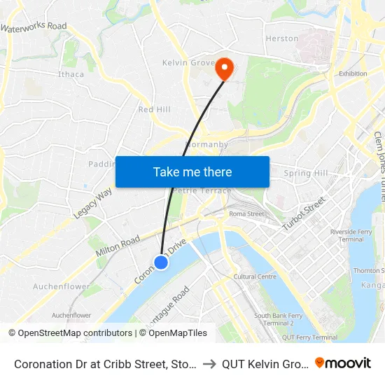 Coronation Dr at Cribb Street, Stop 4 to QUT Kelvin Grove map