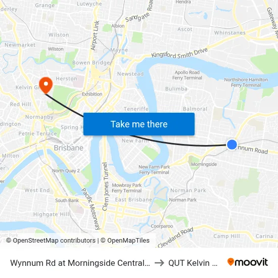 Wynnum Rd at Morningside Central, Stop 30 to QUT Kelvin Grove map