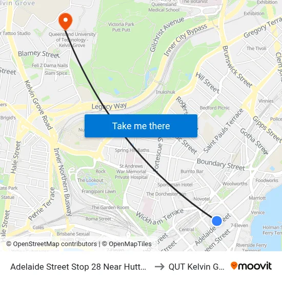 Adelaide Street Stop 28 Near Hutton Lane to QUT Kelvin Grove map