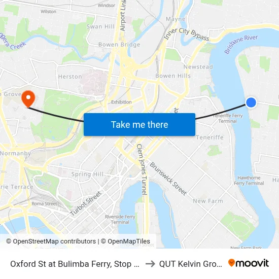 Oxford St at Bulimba Ferry, Stop 33 to QUT Kelvin Grove map