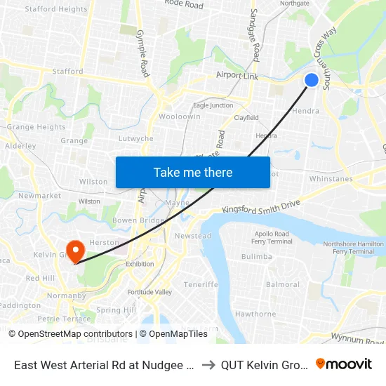 East West Arterial Rd at Nudgee Rd to QUT Kelvin Grove map