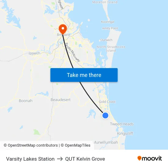 Varsity Lakes Station to QUT Kelvin Grove map