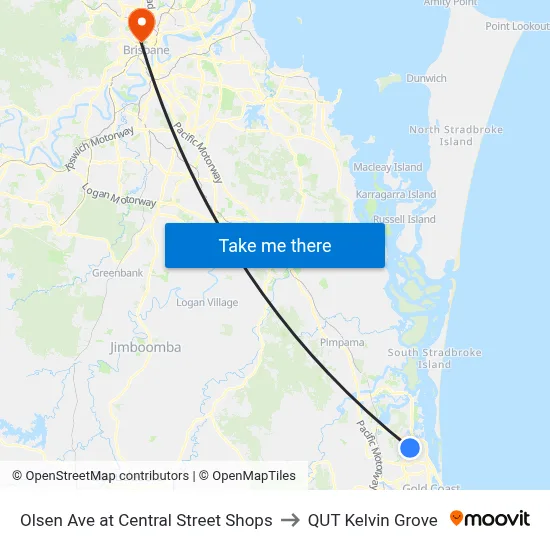 Olsen Ave at Central Street Shops to QUT Kelvin Grove map