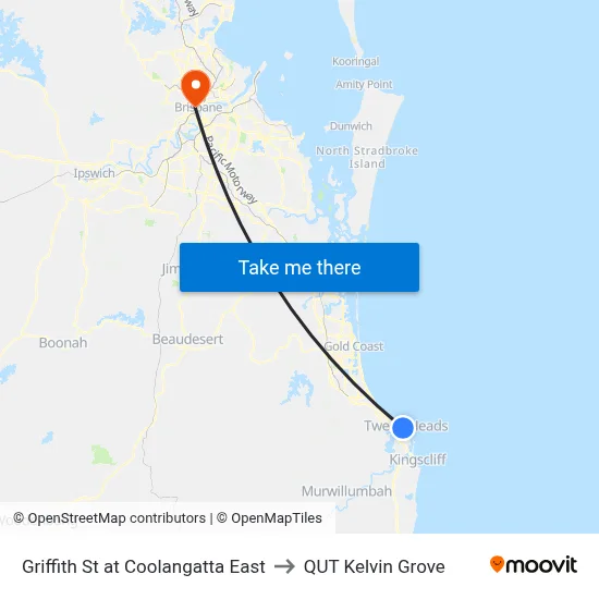 Griffith St at Coolangatta East to QUT Kelvin Grove map