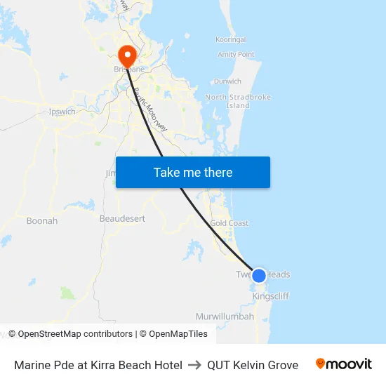 Marine Pde at Kirra Beach Hotel to QUT Kelvin Grove map