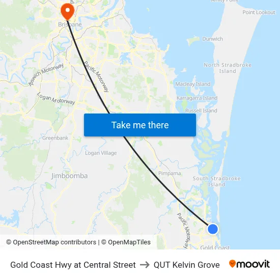 Gold Coast Hwy at Central Street to QUT Kelvin Grove map