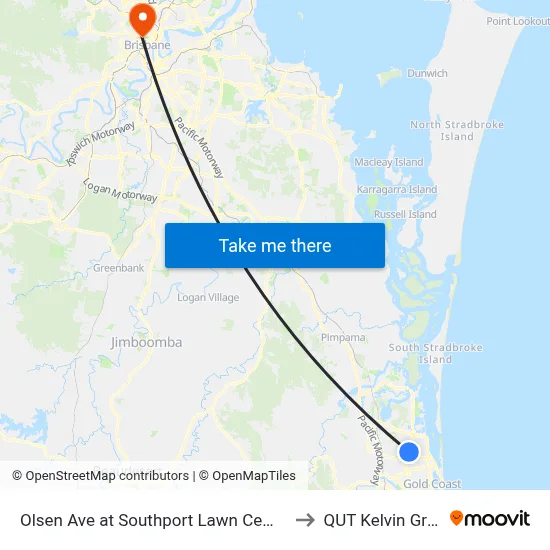 Olsen Ave at Southport Lawn Cemetery to QUT Kelvin Grove map