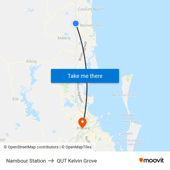 Nambour Station to QUT Kelvin Grove map