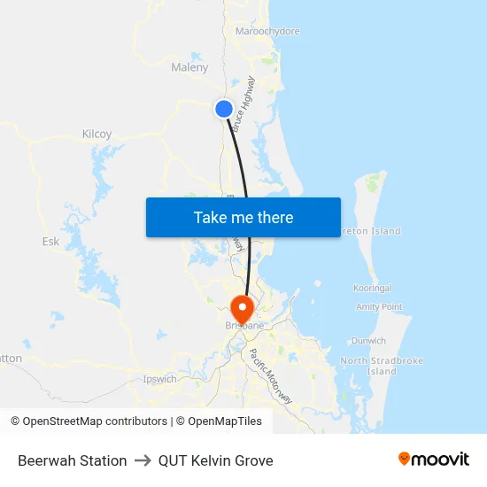 Beerwah Station to QUT Kelvin Grove map