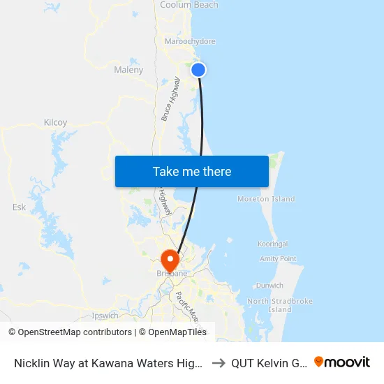 Nicklin Way at Kawana Waters High School to QUT Kelvin Grove map